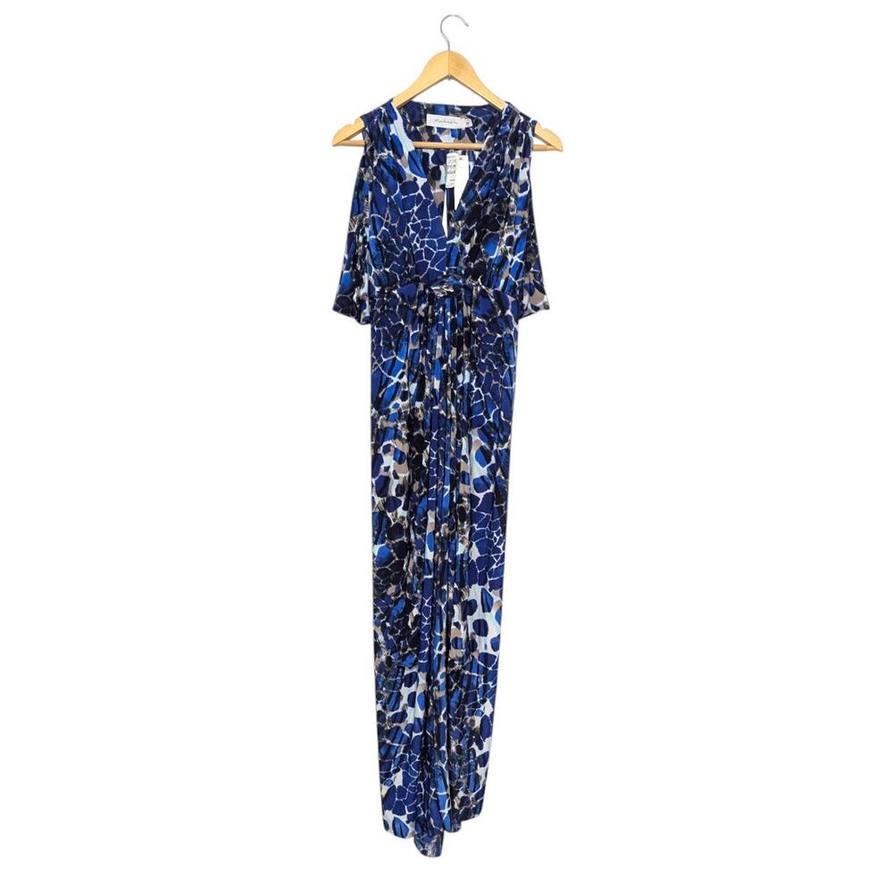 T-Bags Los Angeles Knot Front Maxi Dress Blue White Abstract Gathered Ruched